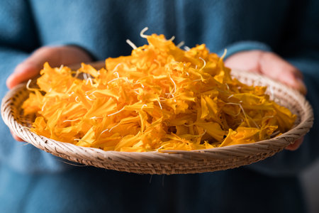 Yellow marigold flower petal, Spiritual flowerの写真素材