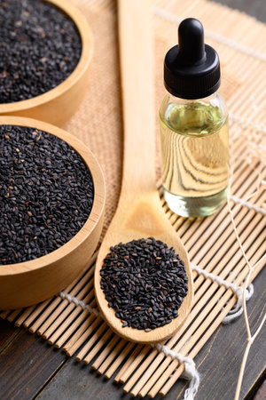 Black sesame seed and oil, Food ingredients in Asian cuisineの写真素材