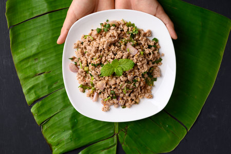 Local Thai food, Spicy minced pork salad (Larb Moo), Table top viewの写真素材