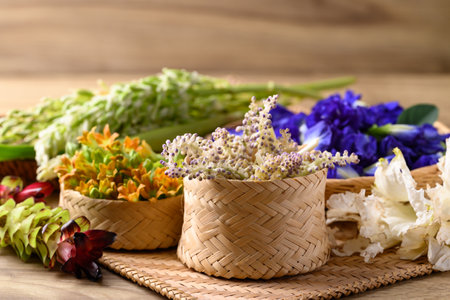 Thai edible flowers from organic local farmers market in Northern of Thailand, Sustainability conceptの写真素材