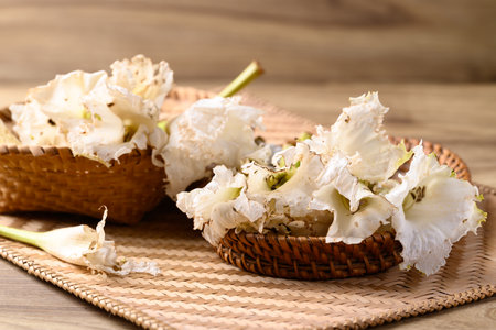 Thai edible flowers (Dolichandrone serrulata) from organic local farmers market in Northern of Thailandの写真素材