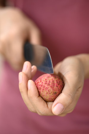 Lychee fruit with hand holding knife to cutting, Tropical fruit in summer seasonの写真素材