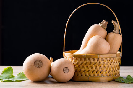 Butternut squash pumpkin on wooden with black background, Organic vegetable in autumn seasonの写真素材