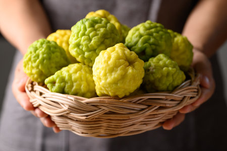 Kaffir lime fruit in basket holding by woman hand, Organic ingredients in Thai cuisne, beauty and cosmeticsの写真素材