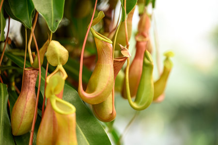 Nepenthes, Tropical pitcher plants or Monkey cups in ornamental gardenの写真素材