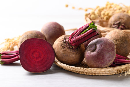 Fresh beetroot in natural basket on white background, Food ingredient