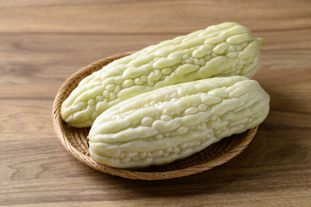 White bitter gourd in basket on wooden background, Asian food ingredient and herbal medicineの写真素材
