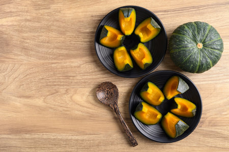 Steamed Japanese pumpkin or Kabocha squash, Healthy Asian food, Table top viewの写真素材
