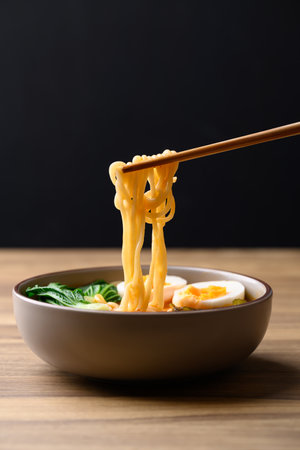 Spicy noodles soup with egg, seaweed and bok choy eating by chopsticks, Asian noodles style