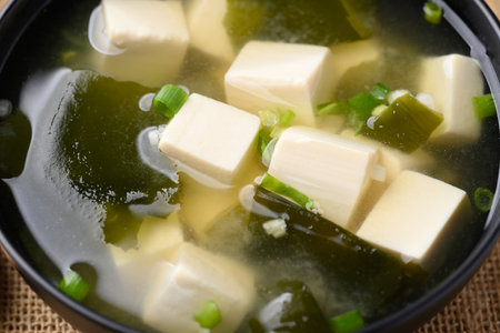Miso soup with tofu, wakame seaweed and spring onion, Traditional Japanese soupの写真素材