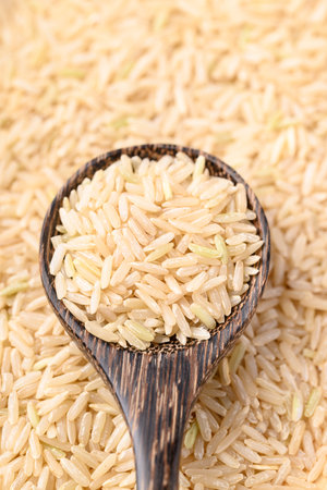 Organic Jasmine brown rice seed in wooden spoon, Thai Riceの写真素材