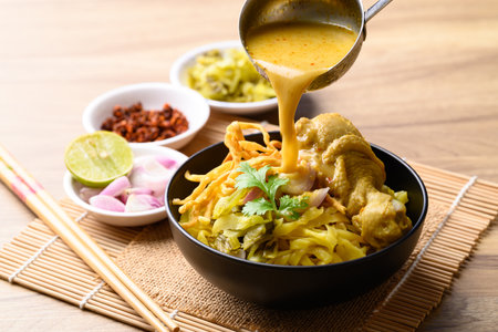 Northern Thai food (Khao Soi), Spicy curry noodles soup with chicken, Local Thai foodの写真素材