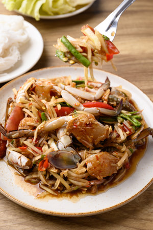 Spicy papaya salad with blue crab (Som Tum), Thai foodの写真素材