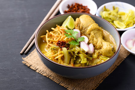 Northern Thai food (Khao Soi), Spicy curry noodles soup with chicken, Local Thai foodの写真素材