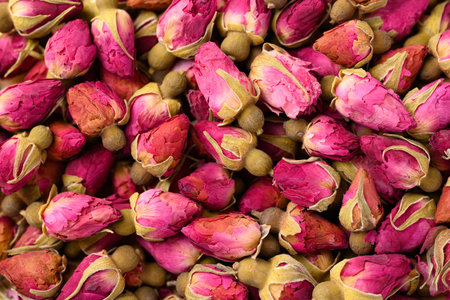 Dried rose bud tea texture background, Healthy herbal teaの写真素材