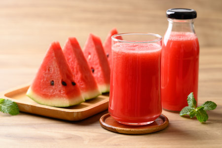 Fresh watermelon juice in glass and bottle on wooden background, Summer drinkの写真素材