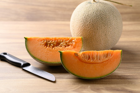 Orange melon, Musk melon or Flesh melon on wooden background, Fruit in summer seasonの写真素材