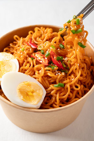 Spicy Korean dried instant noodles with boiled egg, sliced scallions, sesame seed and fresh chili in kraft paper bowlの写真素材