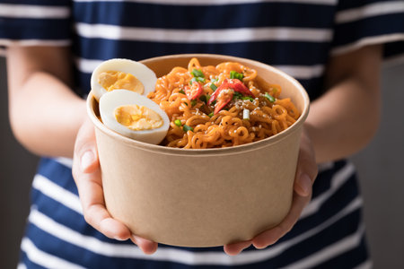 Spicy Korean dried instant noodles with boiled egg, sliced scallions, sesame seed and fresh chili in kraft paper bowl holding by handの写真素材