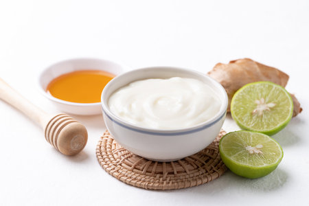 Yogurt, lime, honey and ginger on white backgroundの写真素材