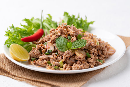 Local Thai food, Spicy minced pork salad (Larb Moo) eating with fresh vegetables on white backgroundの写真素材
