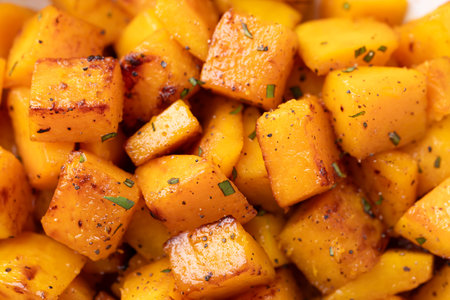 Roasted butternut squash pumpkin texture background, Autumn homemade foodの写真素材