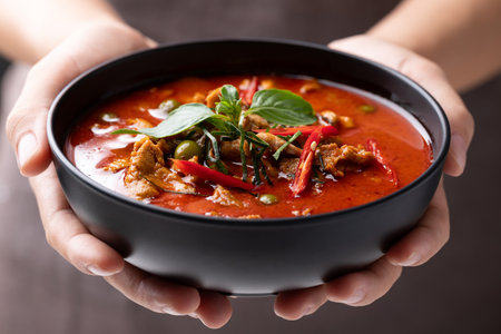 Thai food, Red curry with pork in black bowl holding by handの写真素材