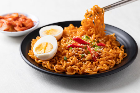 Spicy Korean dried instant noodles with boiled egg, sliced scallions, sesame seed, fresh chili and kimchi on white backgroundの写真素材