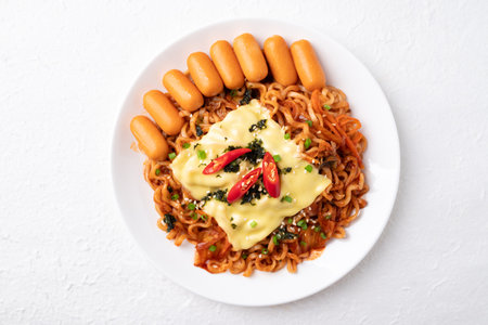 Top view of Korean spicy instant noodles with kimchi, sausage and cheese on white background