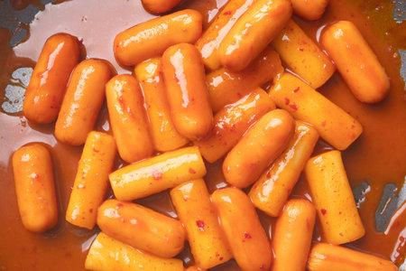 Tteokbokki (simmered rice cake) and sausage with spicy sauce in cooking pan, Korean foodの写真素材