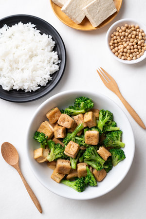 Stir fried tofu and broccoli with soy sauce eating with cooked rice, Asian vegan food, Top viewの写真素材