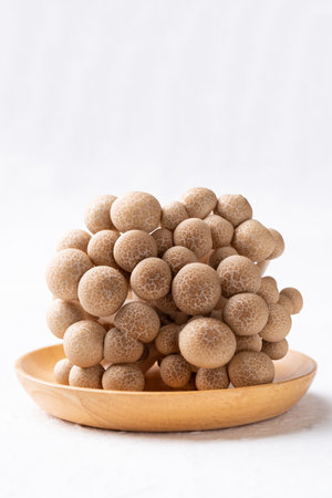 Fresh brown Shimeji mushroom on wooden plate with white background, Asian edible mushroom, Food ingredientsの写真素材