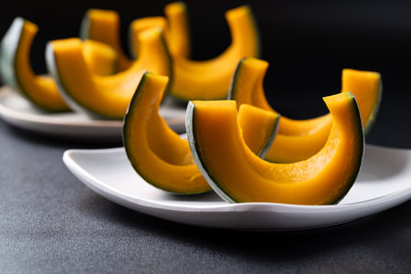 Steamed Japanese pumpkin or Kabocha on plate ready to eat, Healthy foodの写真素材
