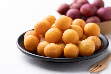 Deep fried sweet potato balls, Thai street food snackの写真素材