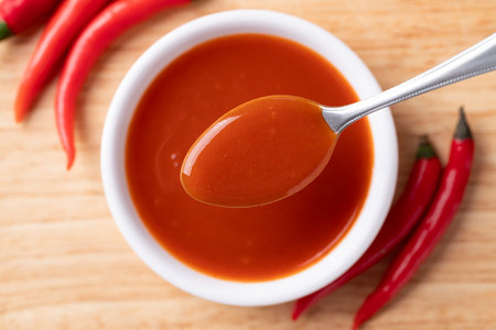 Sriracha sauce in a bowl with spoon on wooden background, Chili sauce, Table top view