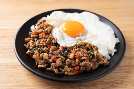 Thai food, Stir fried holy basil with minced pork with cooked rice and fried egg on topの写真素材