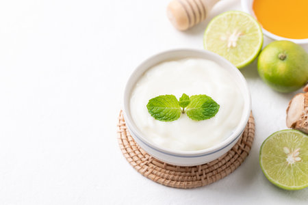 Yogurt, lime, honey and ginger on white backgroundの写真素材