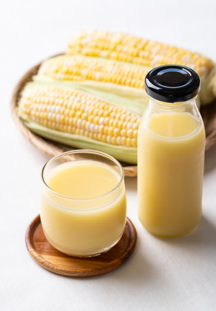 Sweetcorn milk in glass and bottle with fresh sweetcorn on white background, Alternative milk from plant, dairy freeの写真素材