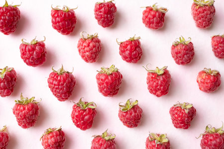 Flat lay of fresh ripe raspberry with leaf on pink background, Summer fruit, Top view