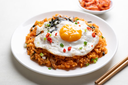 Kimchi fried rice with fried egg, pork, sesame seed, chili, spring onion and seaweed on white plate, Korean foodの写真素材