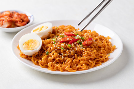 Spicy Korean dried instant noodles with boiled egg, sliced scallions, sesame seed, fresh chili and kimchi on white background, Korean ramyeonの写真素材