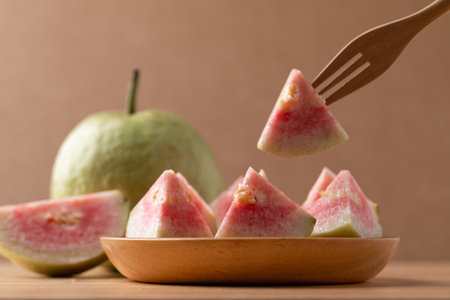 Fresh cut red guava ready to eating, Tropical fruit high vitamin Cの写真素材