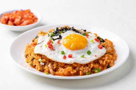 Kimchi fried rice with fried egg, pork, sesame seed, chili, spring onion and seaweed on white plate, Korean foodの写真素材