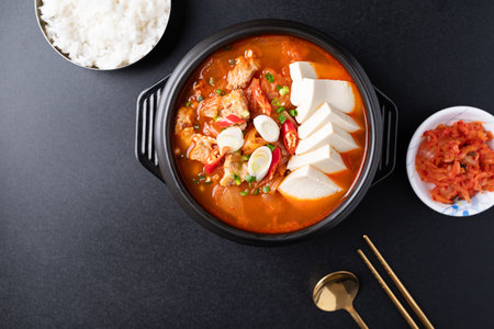 Top view of Korean food (Kimchi Jjigae), Kimchi soup with tofu, pork, scallion and chili in Korean stone bowl eating with cooked rice and fresh kimchi on black backgroundの写真素材