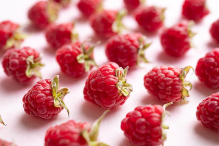 Fresh ripe raspberry with leaf on pink background, Summer fruitの写真素材