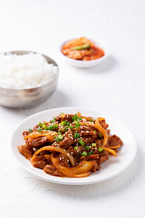 Korean stir fried spicy pork (Bulgogi) with cooked rice and kimchi on white backgroundの写真素材