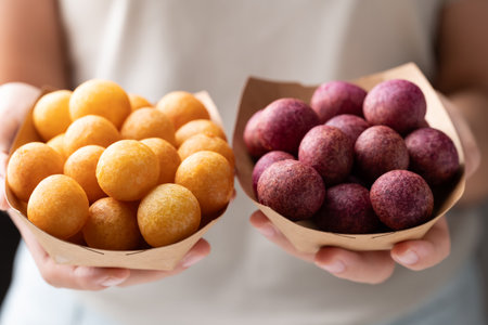 Deep fried sweet potato balls in paper bowl holding by hand, Thai street food snackの写真素材