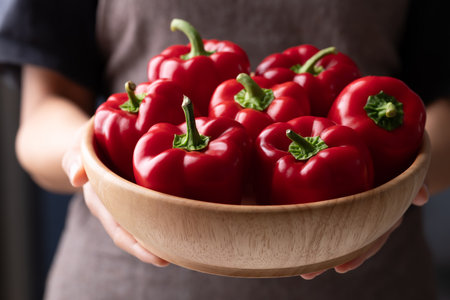 Fresh red bell pepper or sweet pepper in wooden bowl holding by woman handの写真素材