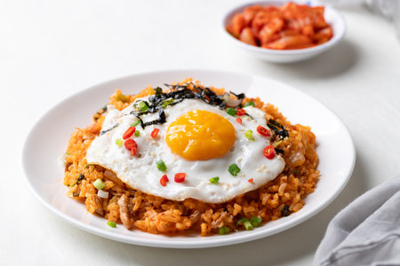 Kimchi fried rice with fried egg, pork, sesame seed, chili, spring onion and seaweed on white plateの写真素材