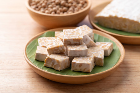 Tempeh made from fermented soybeans, Traditional Indonesian food, Healthy vegan and plant based...